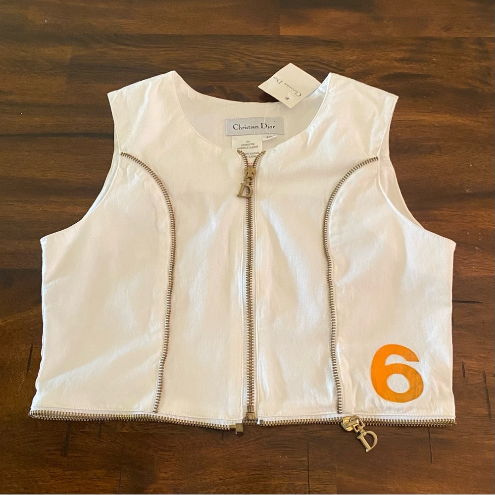 Christian Dior White Sleeveless Zipper Top with Number 6 Detail